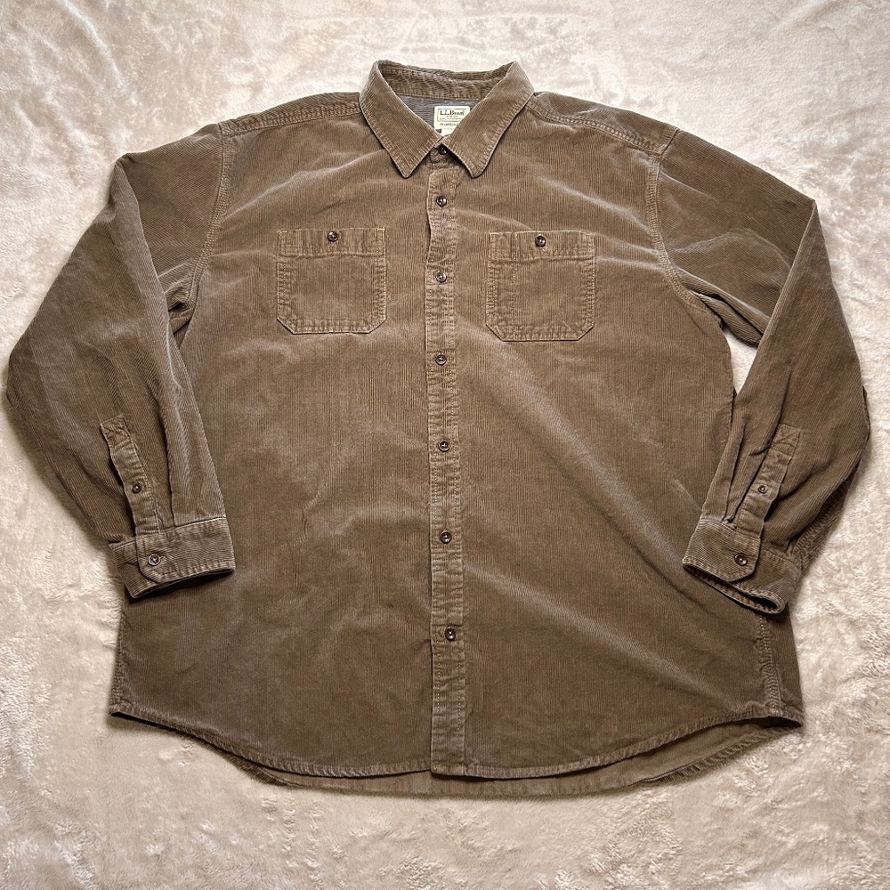 L.L. Bean Lakewashed Corduroy Shirt Mens XXL Brown Traditional Fit Long Sleeve